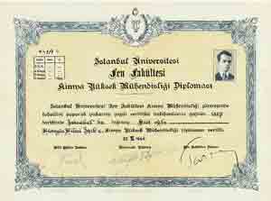 The First Hight Chemical Engineer of Turkey is Hseyn Hilmi Ik's Chemistry Engineering Diploma. The number of diploma is 1/1 